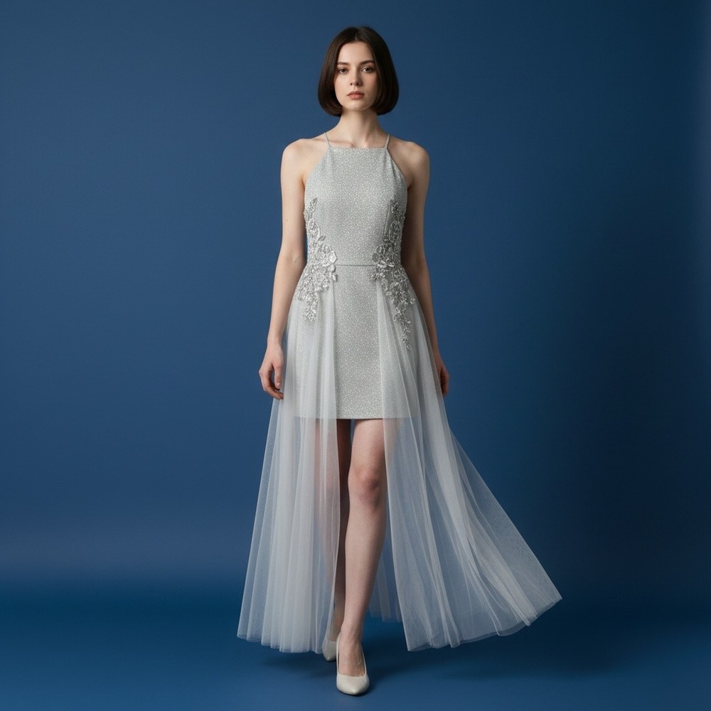 Social Couture Dress Womens 5 6 Silver Shimmer High Low Tulle Floral Prom Fairy